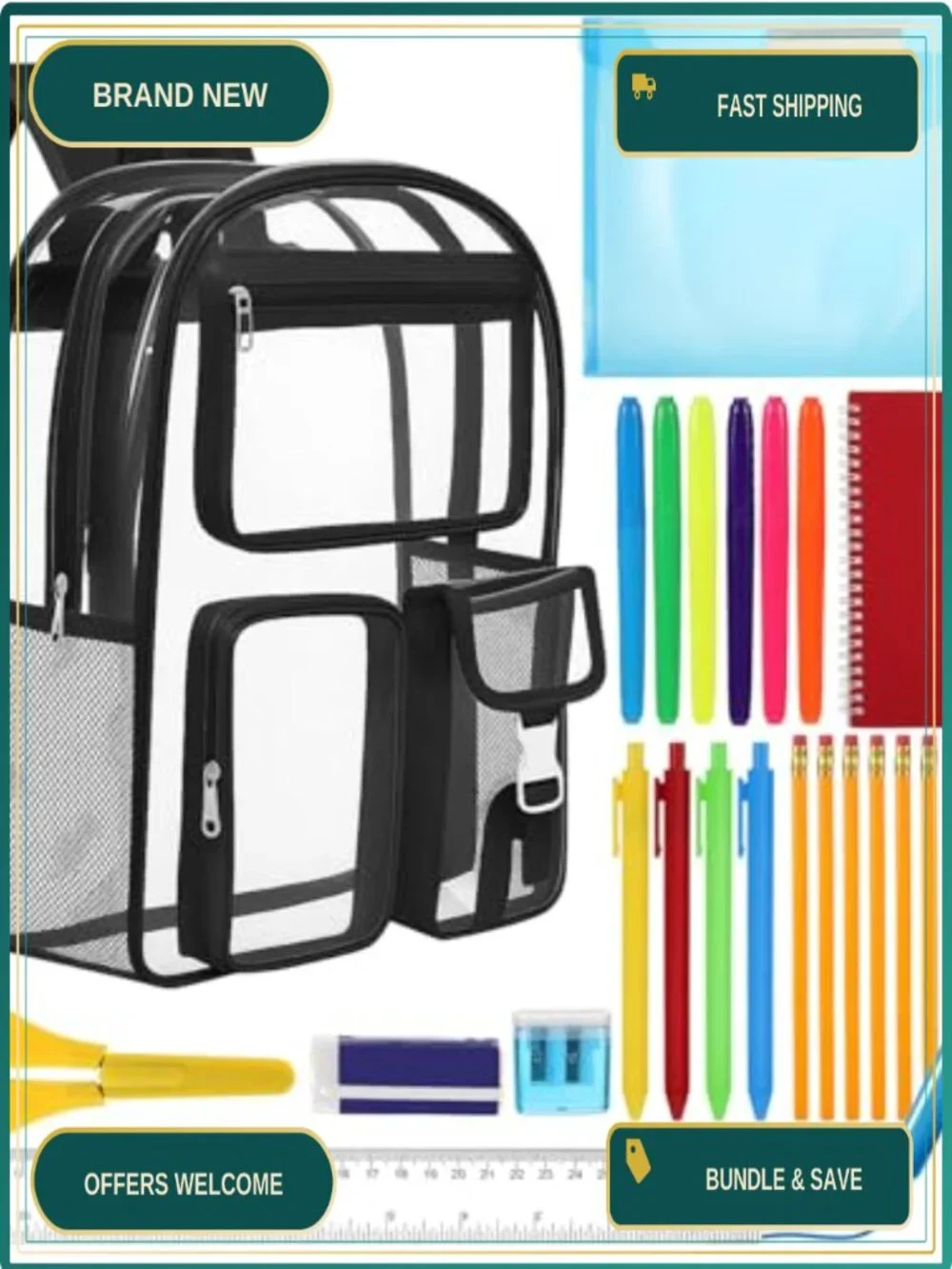 Clear PVC Backpack with Study Supplies Kit - Stationery Set, Stadium Approved,